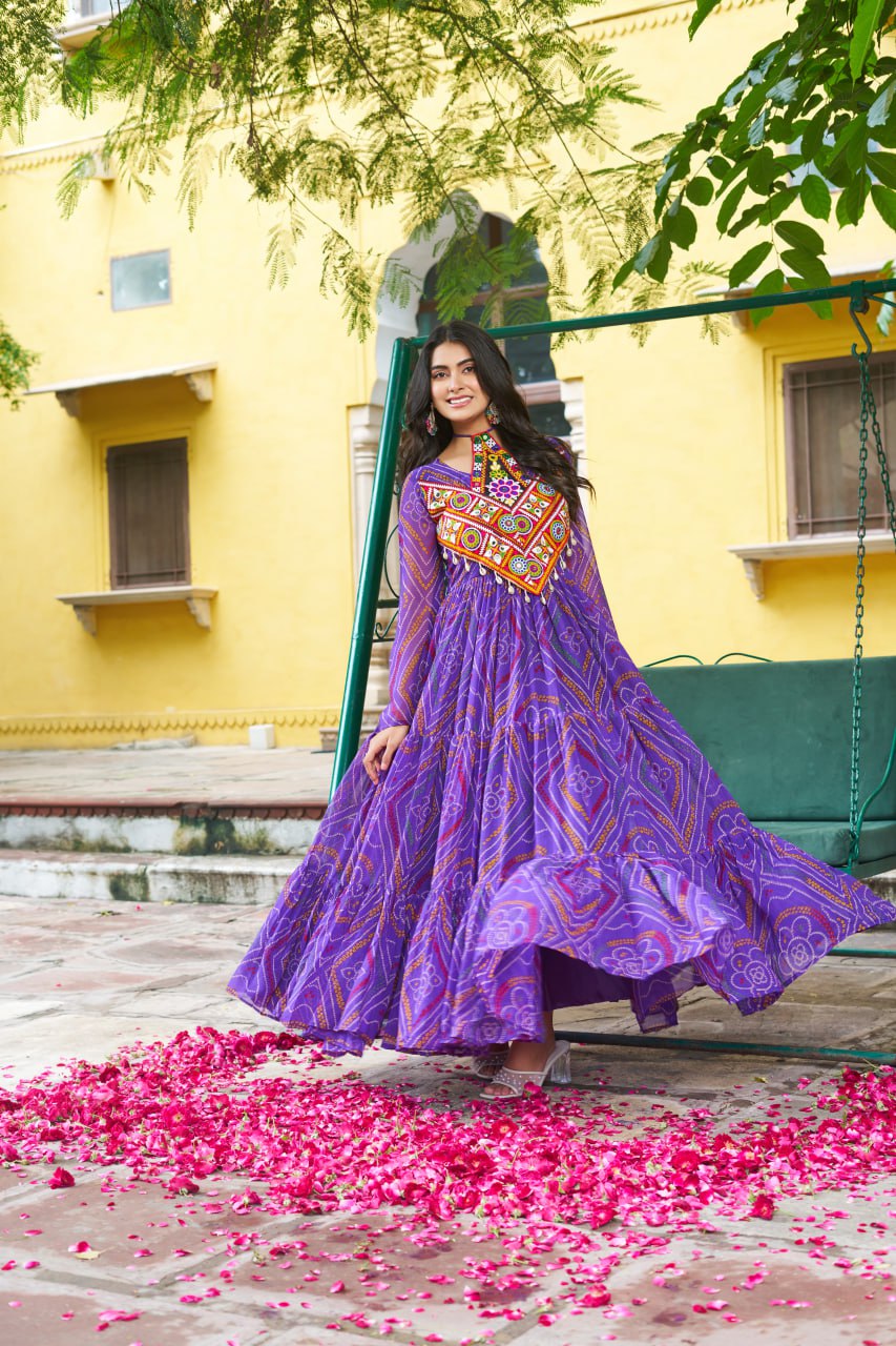 Purple Bandhani Print Faux Georgette Gown with Kutchi Patchwork – Full Sleeves, 9 Meter Flair, Cotton Lining ClothsVilla