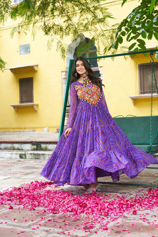 Purple Bandhani Print Faux Georgette Gown with Kutchi Patchwork – Full Sleeves, 9 Meter Flair, Cotton Lining ClothsVilla