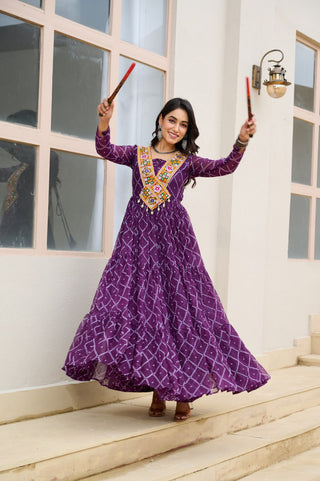 Purple Bandhani Print Faux Georgette Gown with Kutchi Patchwork ClothsVilla