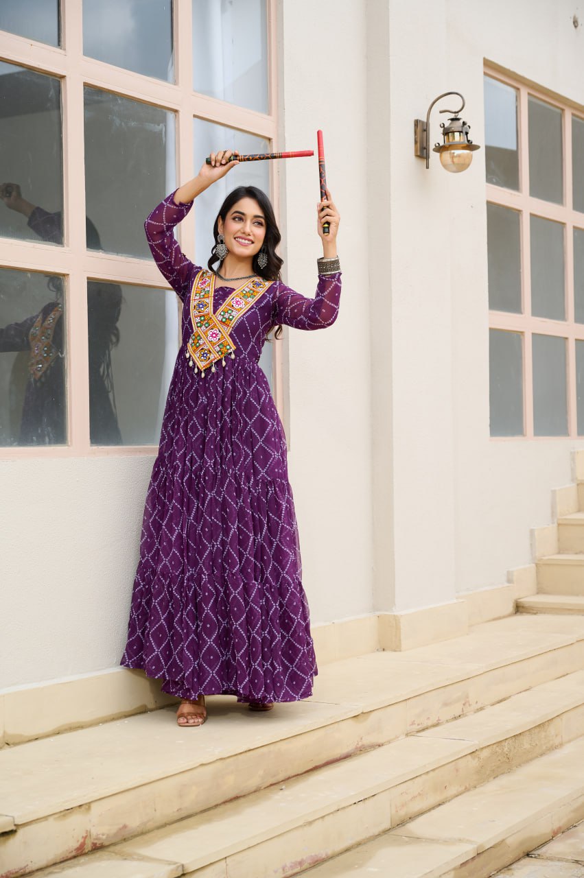 Purple Bandhani Print Faux Georgette Gown with Kutchi Patchwork ClothsVilla