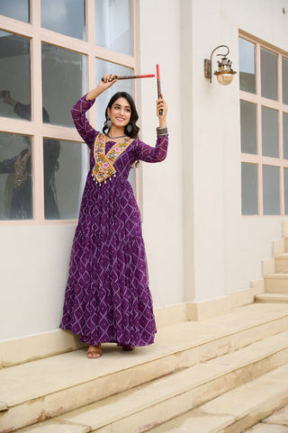 Purple Bandhani Print Faux Georgette Gown with Kutchi Patchwork ClothsVilla