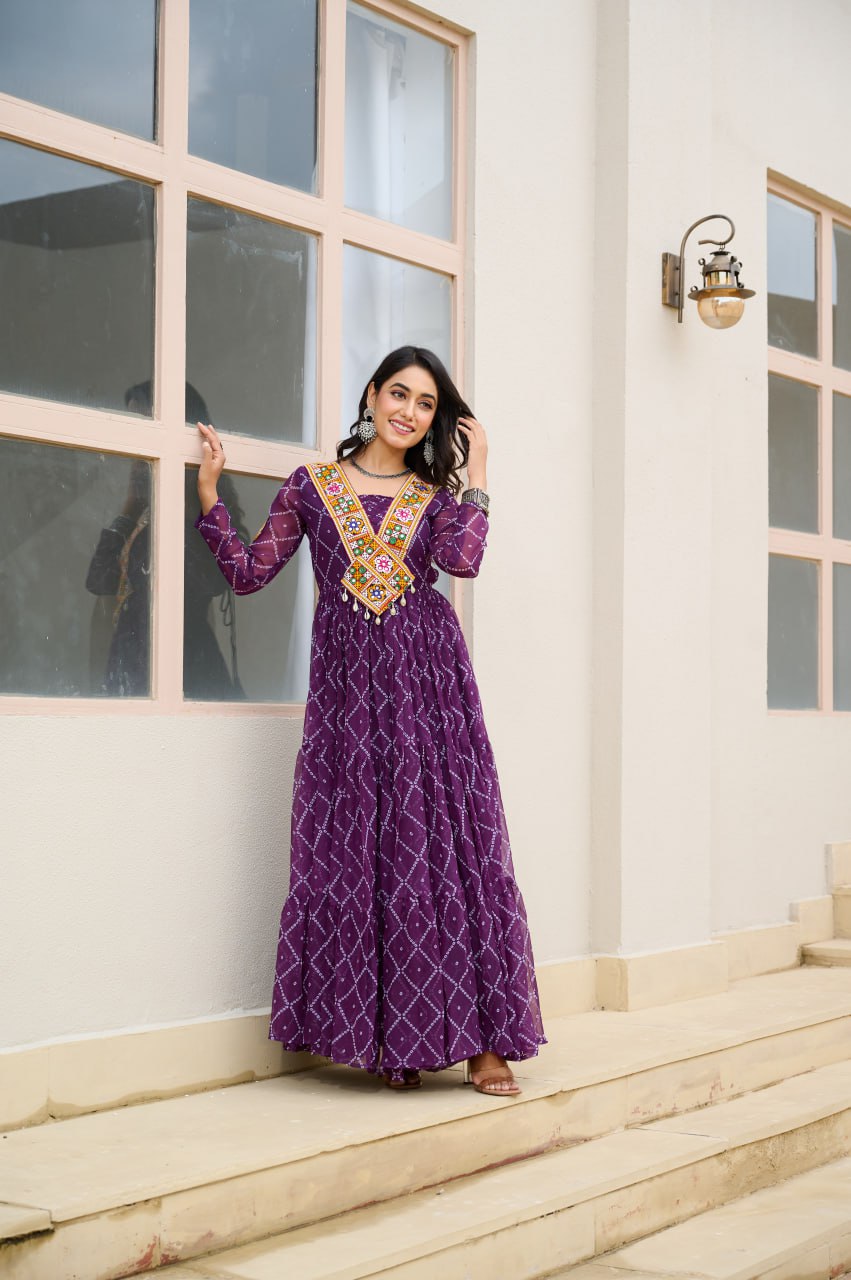 Purple Bandhani Print Faux Georgette Gown with Kutchi Patchwork ClothsVilla