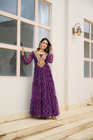 Purple Bandhani Print Faux Georgette Gown with Kutchi Patchwork ClothsVilla