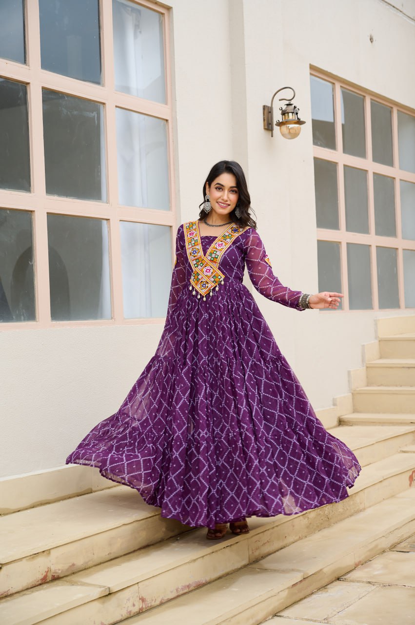 Purple Bandhani Print Faux Georgette Gown with Kutchi Patchwork ClothsVilla