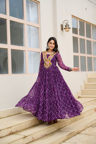 Purple Bandhani Print Faux Georgette Gown with Kutchi Patchwork ClothsVilla