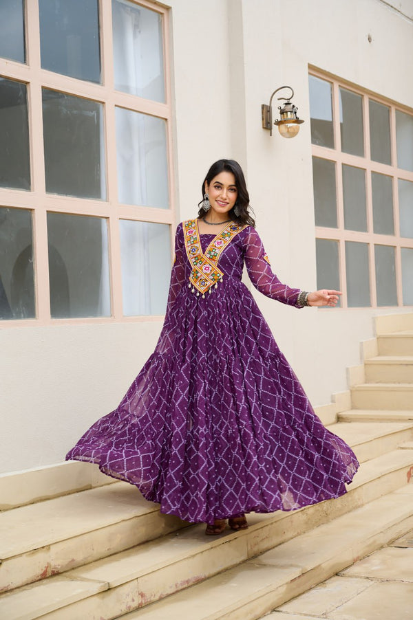 Purple Bandhani Print Faux Georgette Gown with Kutchi Patchwork ClothsVilla