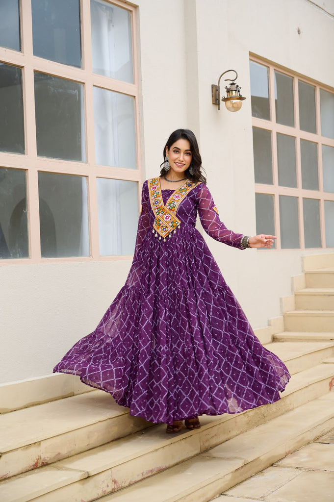 Purple Bandhani Print Faux Georgette Gown with Kutchi Patchwork ClothsVilla