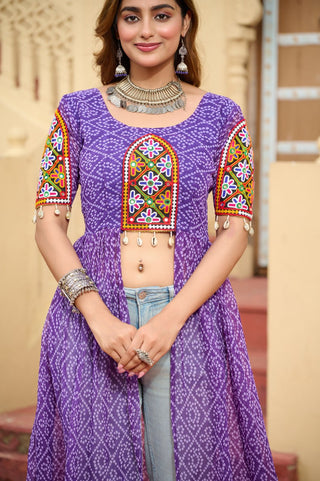 Purple Bandhani Print Faux Georgette Kurti with Kutchi Patchwork ClothsVilla