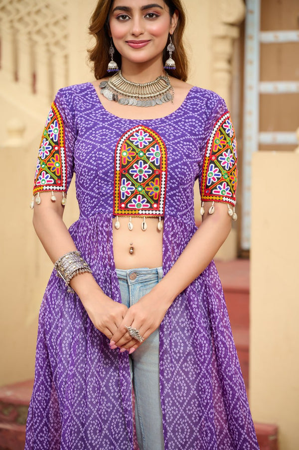 Purple Bandhani Print Faux Georgette Kurti with Kutchi Patchwork ClothsVilla