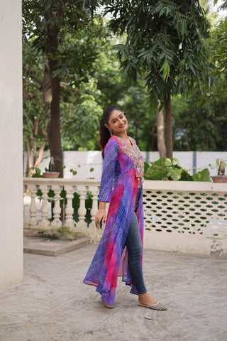 Purple Bandhani Print Faux Georgette Kurti with Kutchi Patchwork ClothsVilla
