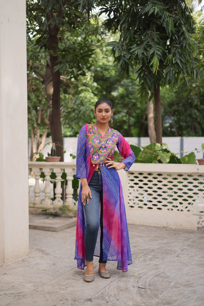 Purple Bandhani Print Faux Georgette Kurti with Kutchi Patchwork ClothsVilla