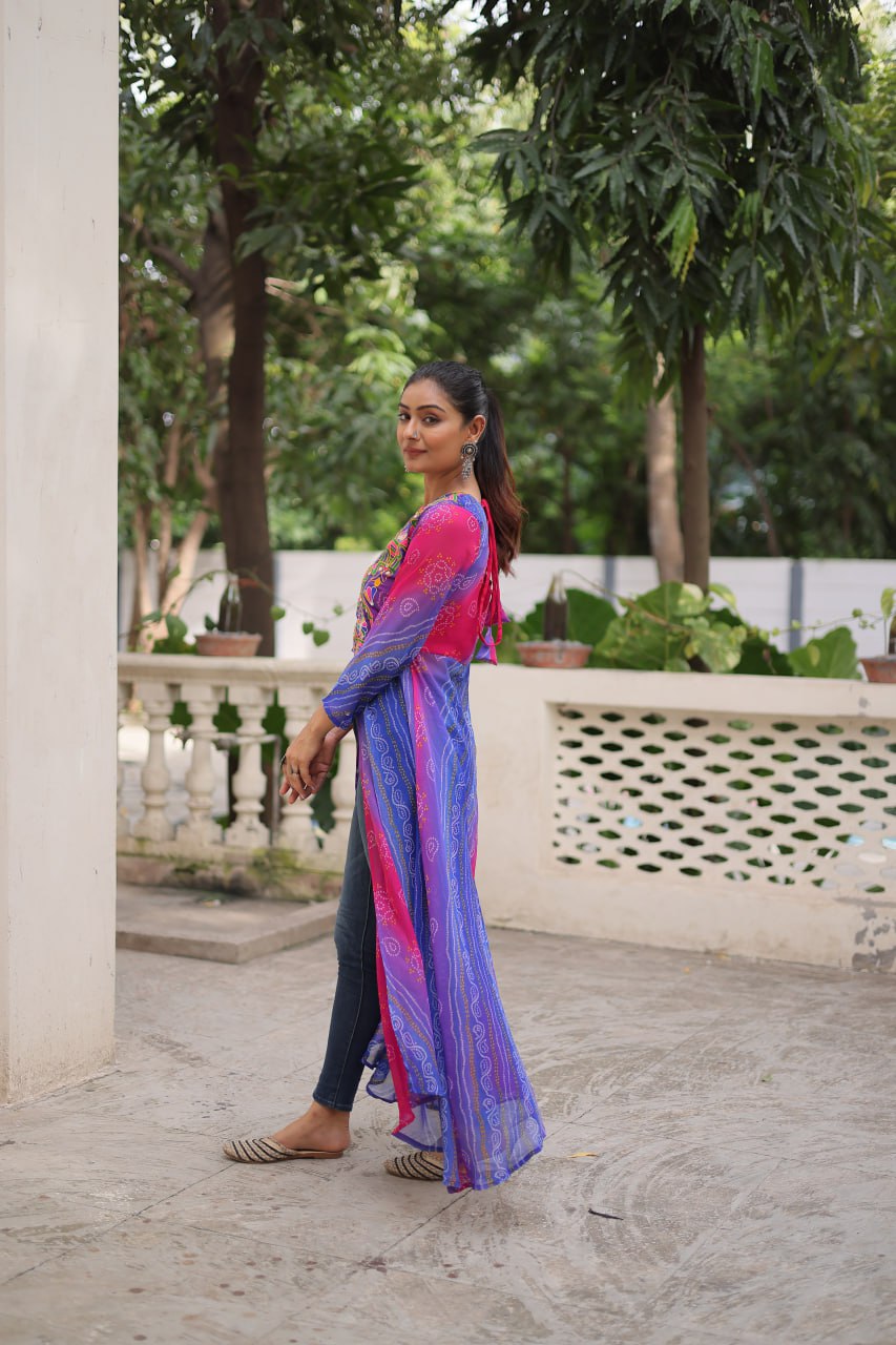 Purple Bandhani Print Faux Georgette Kurti with Kutchi Patchwork ClothsVilla
