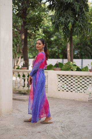 Purple Bandhani Print Faux Georgette Kurti with Kutchi Patchwork ClothsVilla