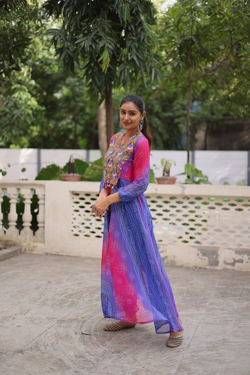 Purple Bandhani Print Faux Georgette Kurti with Kutchi Patchwork ClothsVilla