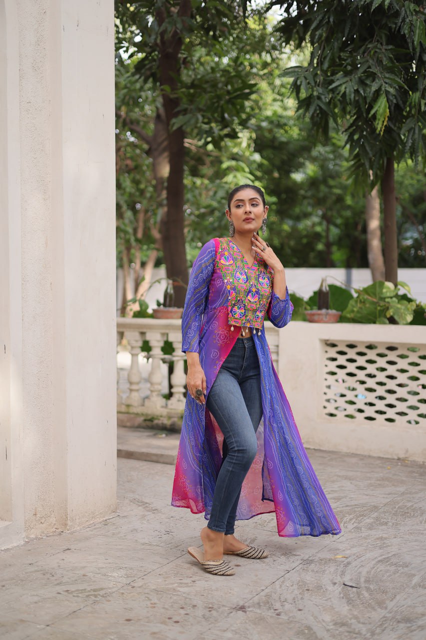 Purple Bandhani Print Faux Georgette Kurti with Kutchi Patchwork ClothsVilla