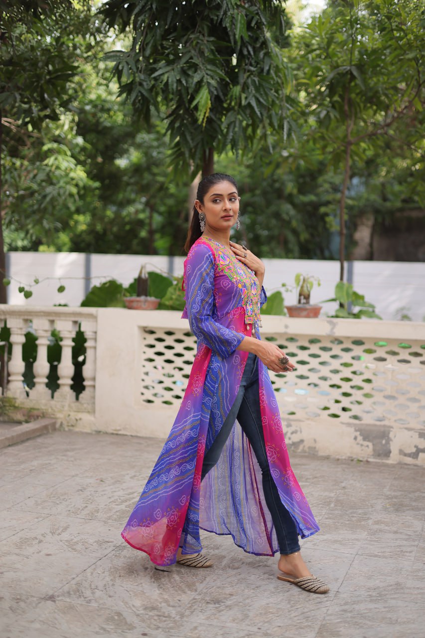 Purple Bandhani Print Faux Georgette Kurti with Kutchi Patchwork ClothsVilla