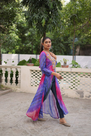Purple Bandhani Print Faux Georgette Kurti with Kutchi Patchwork ClothsVilla