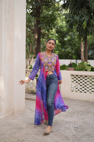 Purple Bandhani Print Faux Georgette Kurti with Kutchi Patchwork ClothsVilla