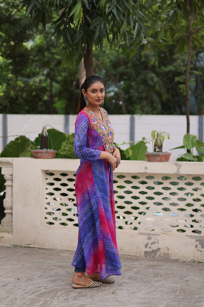 Purple Bandhani Print Faux Georgette Kurti with Kutchi Patchwork ClothsVilla