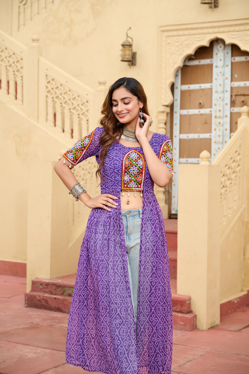 Purple Bandhani Print Faux Georgette Kurti with Kutchi Patchwork ClothsVilla