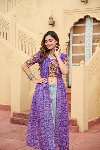 Purple Bandhani Print Faux Georgette Kurti with Kutchi Patchwork ClothsVilla