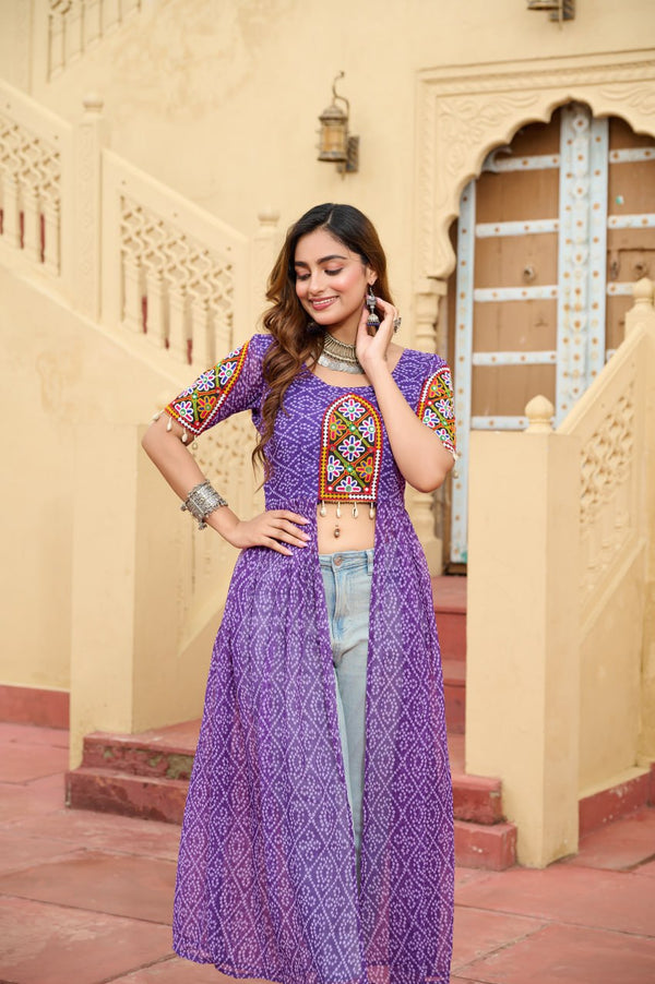 Purple Bandhani Print Faux Georgette Kurti with Kutchi Patchwork ClothsVilla