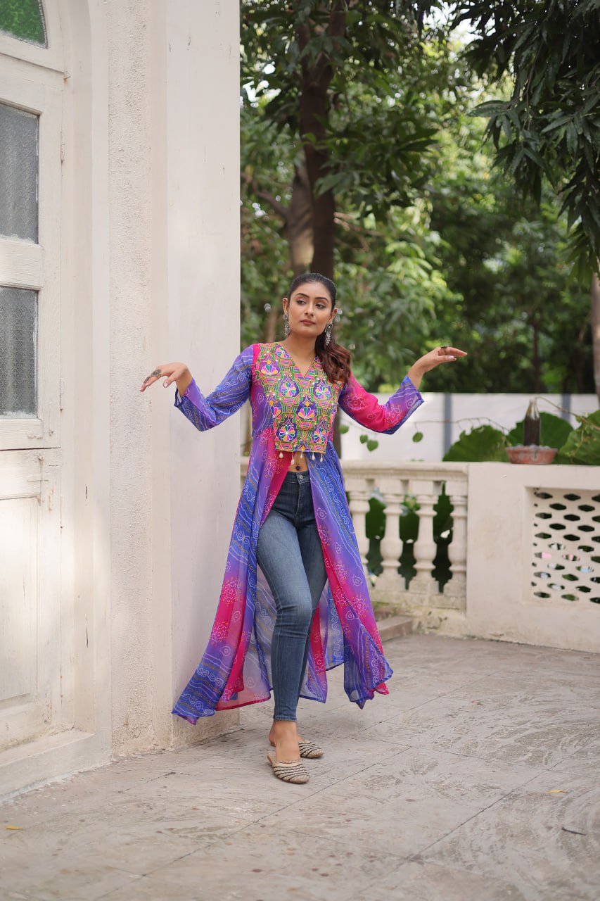 Purple Bandhani Print Faux Georgette Kurti with Kutchi Patchwork ClothsVilla