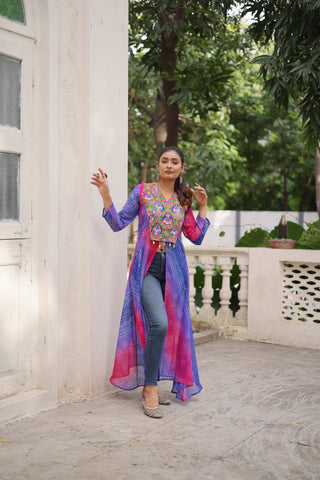 Purple Bandhani Print Faux Georgette Kurti with Kutchi Patchwork ClothsVilla