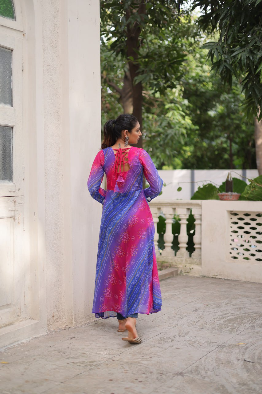 Purple Bandhani Print Faux Georgette Kurti with Kutchi Patchwork ClothsVilla
