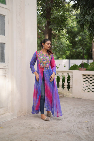 Purple Bandhani Print Faux Georgette Kurti with Kutchi Patchwork ClothsVilla