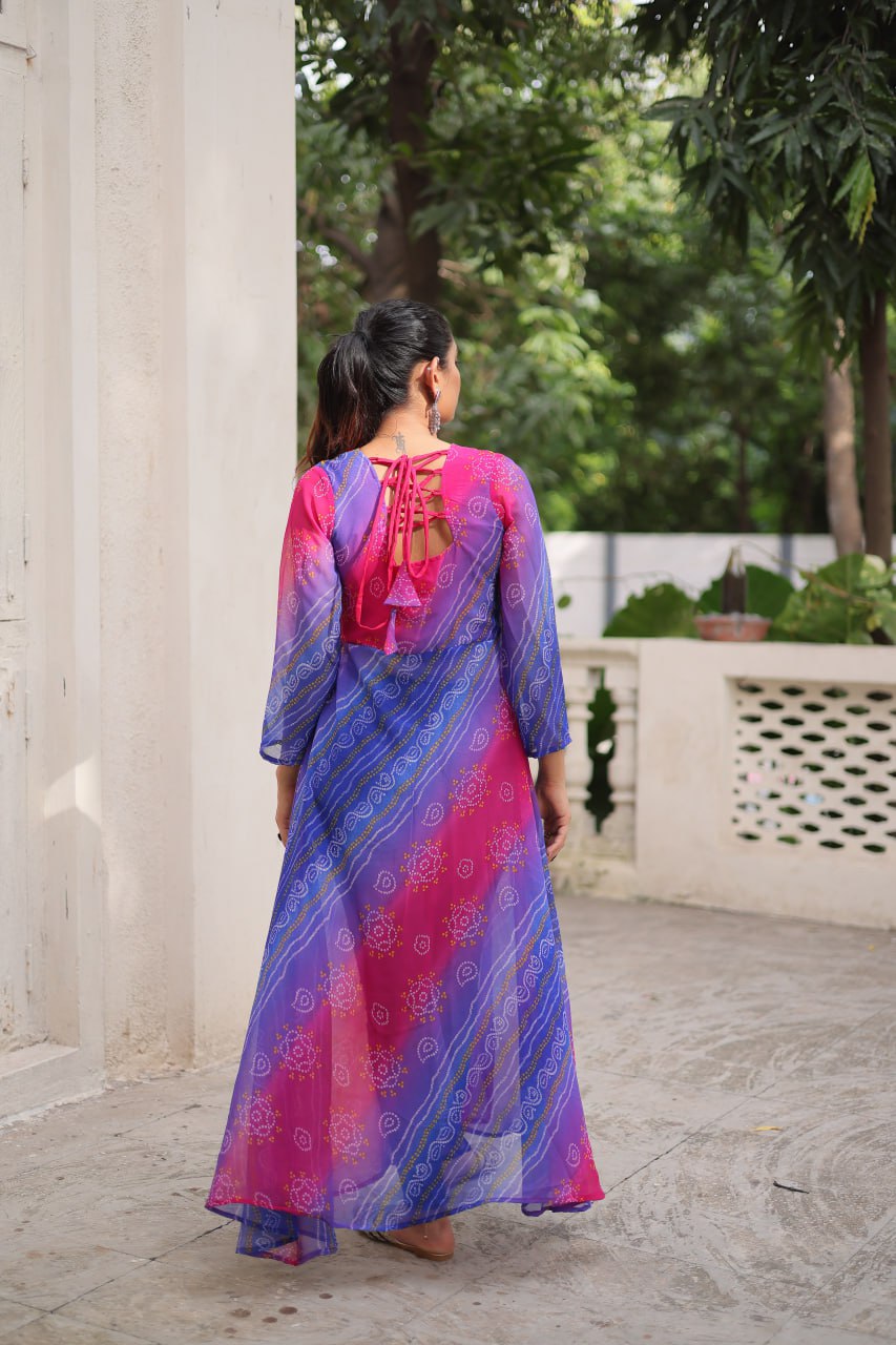 Purple Bandhani Print Faux Georgette Kurti with Kutchi Patchwork ClothsVilla