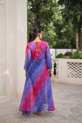 Purple Bandhani Print Faux Georgette Kurti with Kutchi Patchwork ClothsVilla