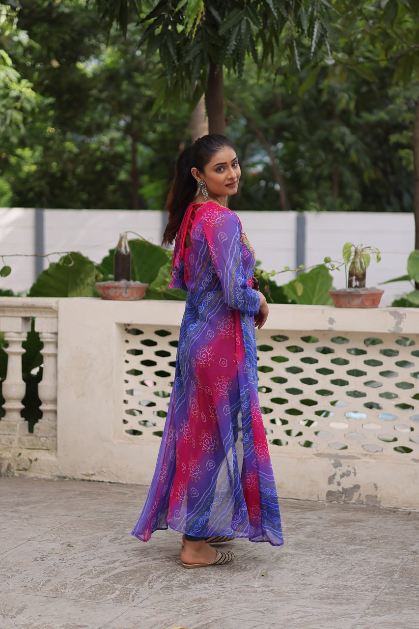 Purple Bandhani Print Faux Georgette Kurti with Kutchi Patchwork ClothsVilla