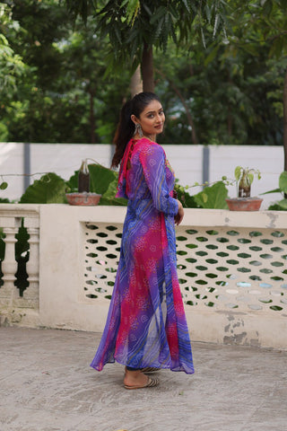 Purple Bandhani Print Faux Georgette Kurti with Kutchi Patchwork ClothsVilla