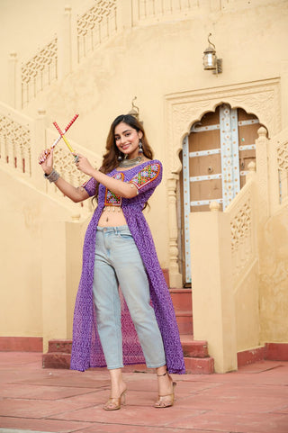 Purple Bandhani Print Faux Georgette Kurti with Kutchi Patchwork ClothsVilla