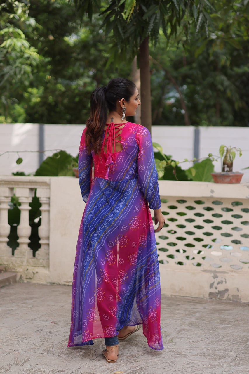 Purple Bandhani Print Faux Georgette Kurti with Kutchi Patchwork ClothsVilla