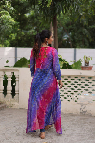 Purple Bandhani Print Faux Georgette Kurti with Kutchi Patchwork ClothsVilla