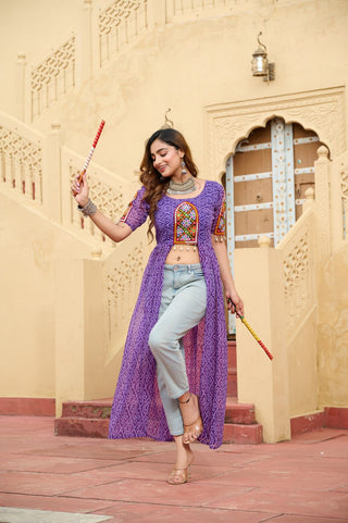 Purple Bandhani Print Faux Georgette Kurti with Kutchi Patchwork ClothsVilla