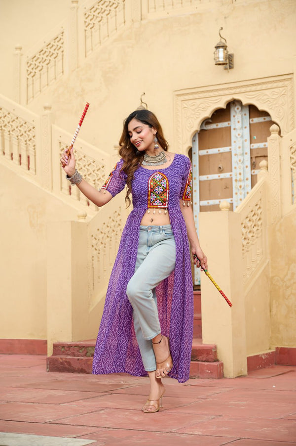 Purple Bandhani Print Faux Georgette Kurti with Kutchi Patchwork ClothsVilla