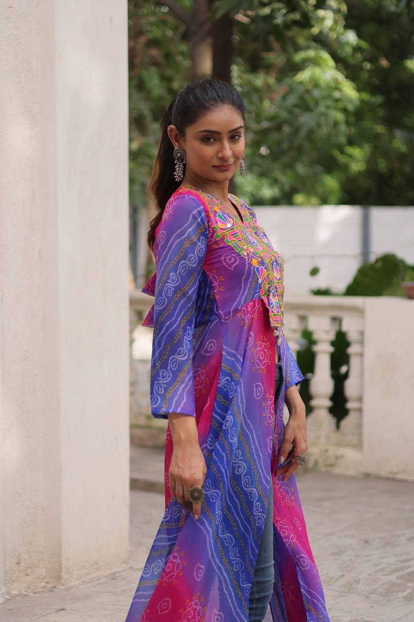 Purple Bandhani Print Faux Georgette Kurti with Kutchi Patchwork ClothsVilla