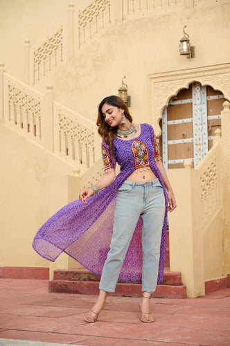 Purple Bandhani Print Faux Georgette Kurti with Kutchi Patchwork ClothsVilla