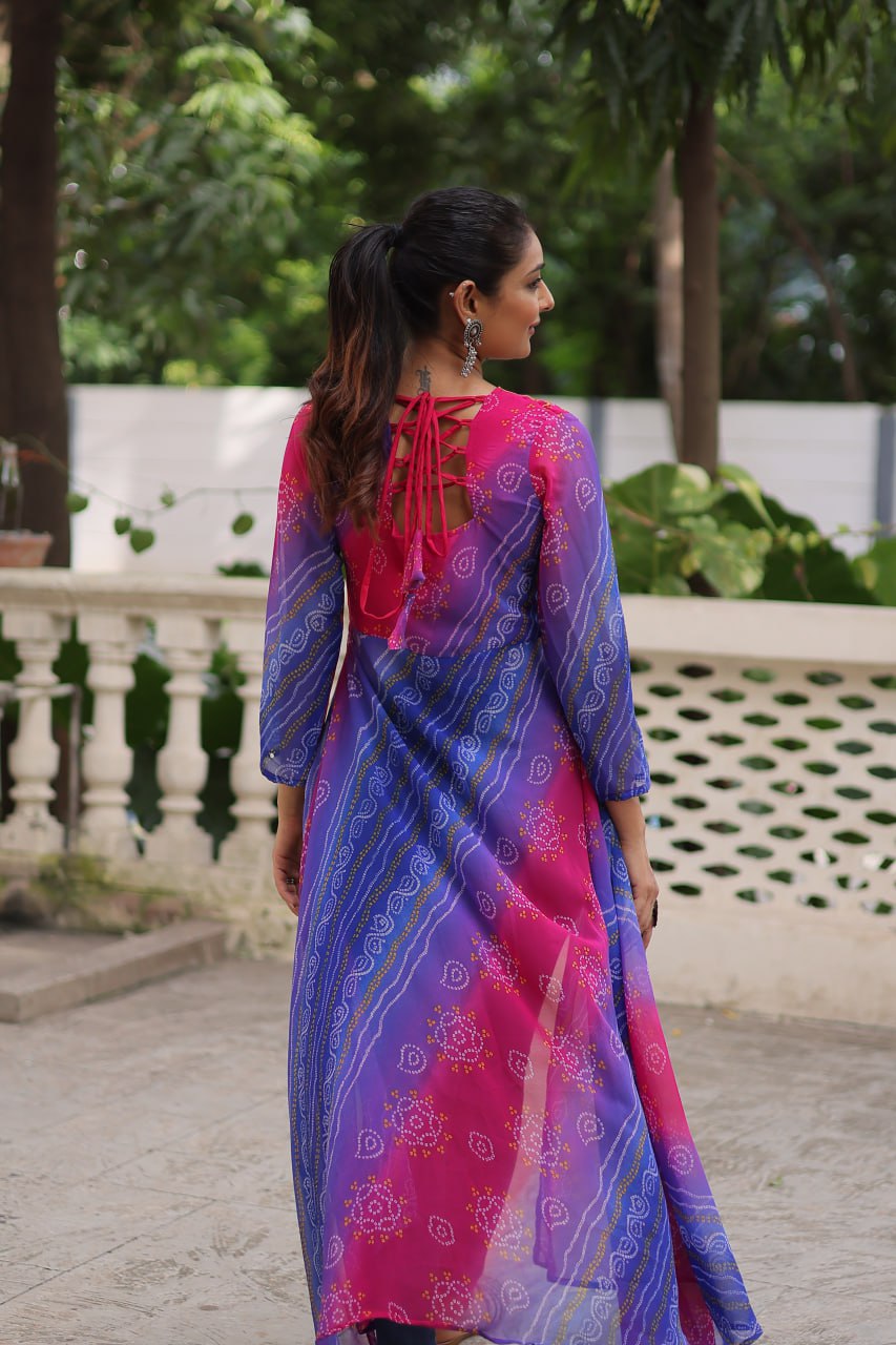 Purple Bandhani Print Faux Georgette Kurti with Kutchi Patchwork ClothsVilla