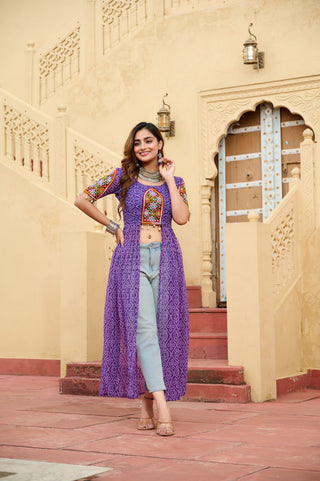 Purple Bandhani Print Faux Georgette Kurti with Kutchi Patchwork ClothsVilla