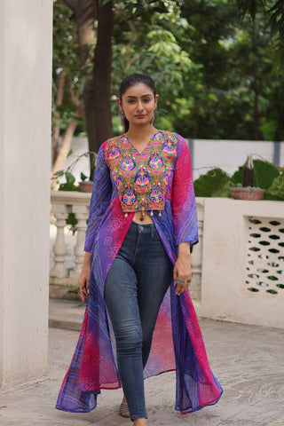 Purple Bandhani Print Faux Georgette Kurti with Kutchi Patchwork ClothsVilla