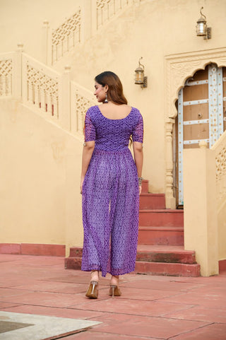 Purple Bandhani Print Faux Georgette Kurti with Kutchi Patchwork ClothsVilla