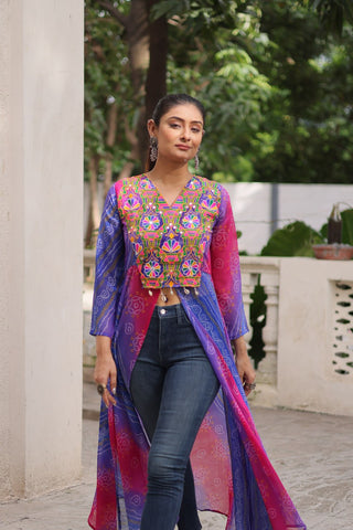 Purple Bandhani Print Faux Georgette Kurti with Kutchi Patchwork ClothsVilla