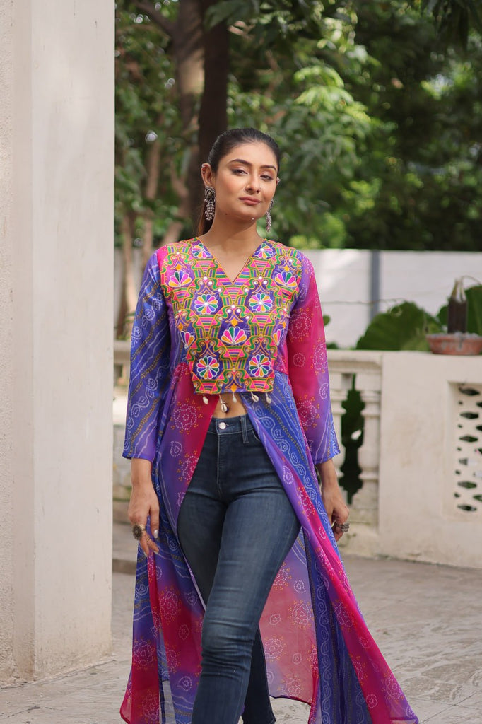 Purple Bandhani Print Faux Georgette Kurti with Kutchi Patchwork ClothsVilla