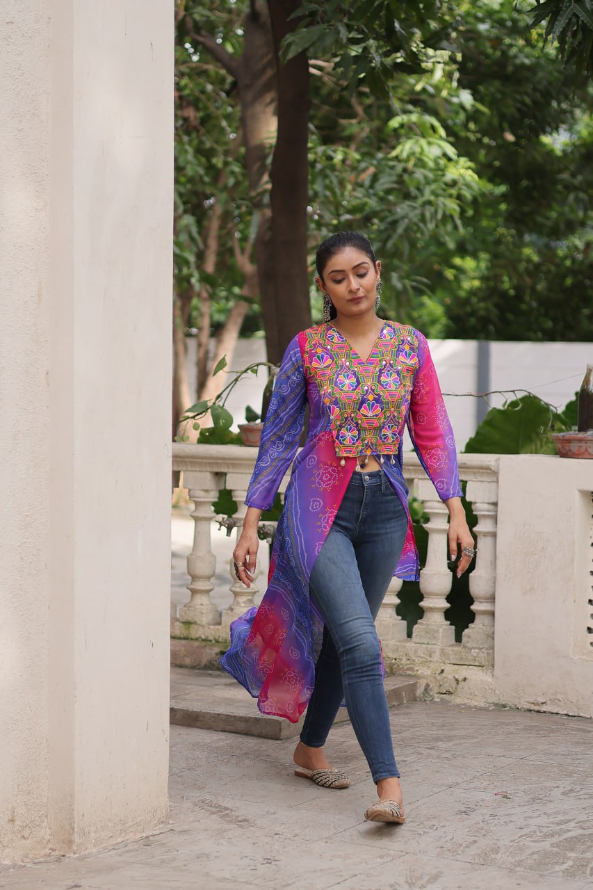 Purple Bandhani Print Faux Georgette Kurti with Kutchi Patchwork ClothsVilla