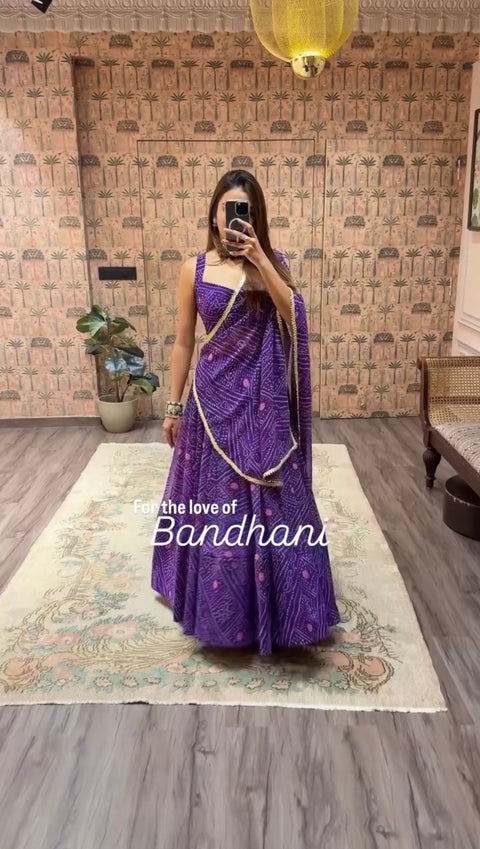 Purple Bandhani Print Faux Georgette Lehenga Choli Set with Dupatta –Navratri Special Festive Wear ClothsVilla Main image