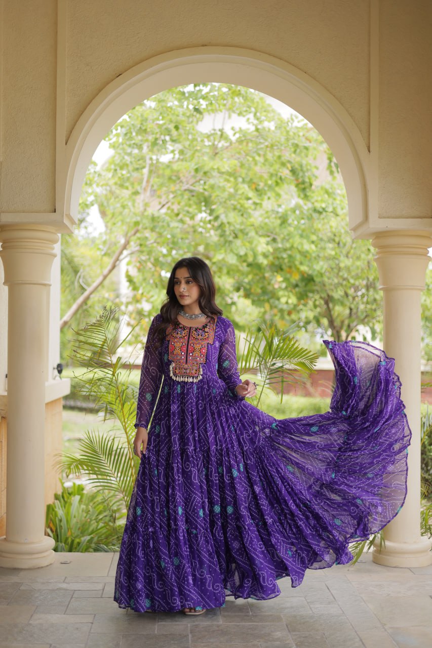 Purple Bandhani Print Gown ClothsVilla